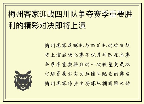 梅州客家迎战四川队争夺赛季重要胜利的精彩对决即将上演